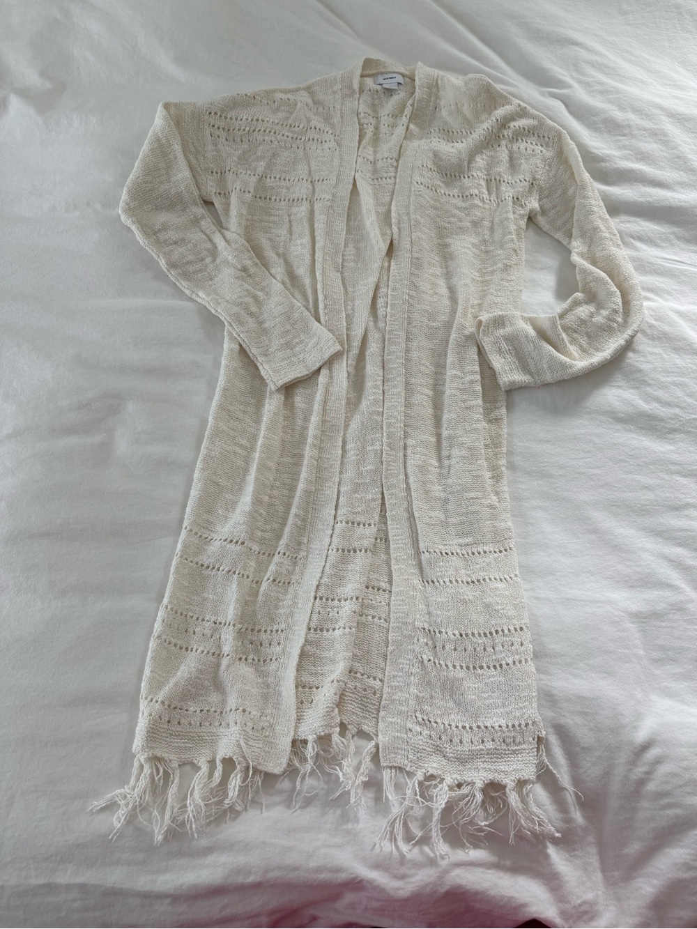 Old Navy Cream Open-Front Fringe Knit Duster Cardigan